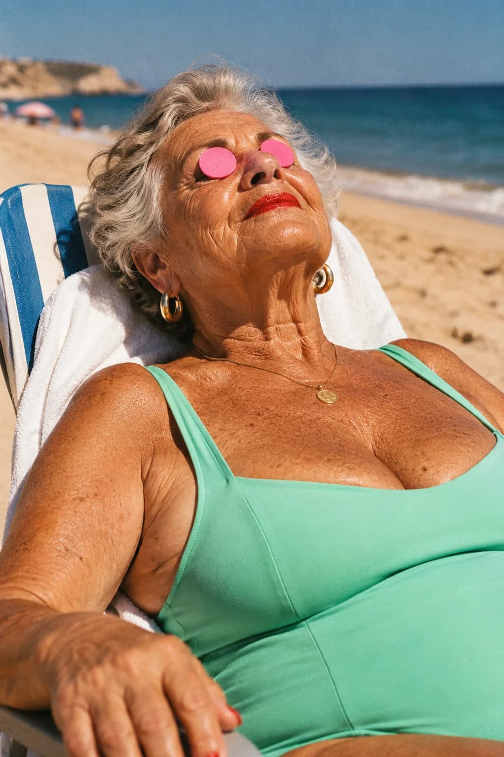 Una abuela tomando el sol en la playa con dos puntos rosas sobre los ojos